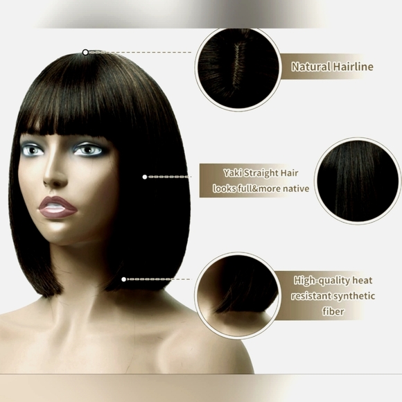 12 inch Short Bob Wig with Bangs Straight Dark Bown Hair NWOT - Picture 7 of 8
